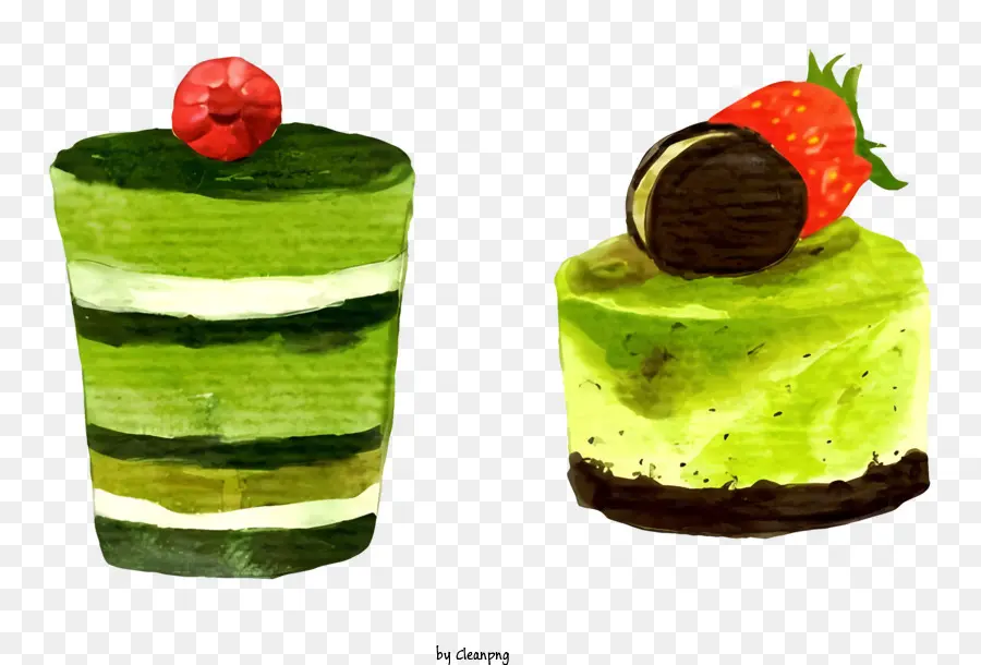 Grüne Desserts Schokoladen -Toppings Erdbeerdessert Desserts schwarzer Hintergrund - Zwei grüne Desserts mit Schokolade und Erdbeere