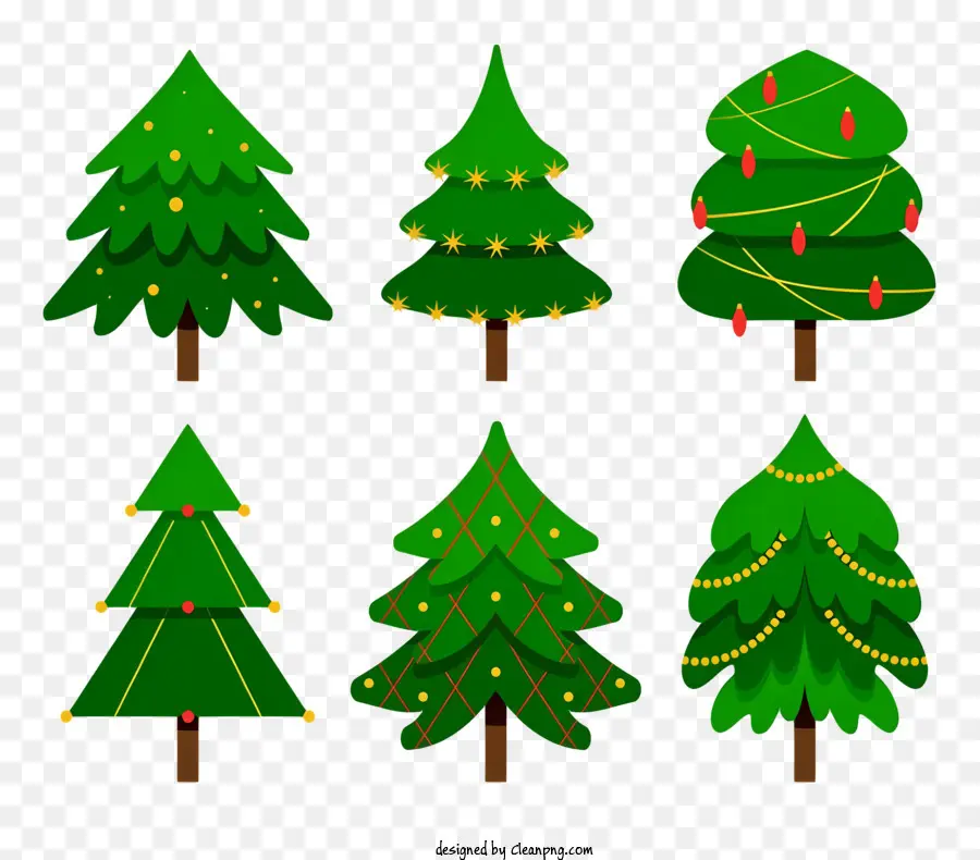 Christbaumschmuck - Sieben dekorierte Weihnachtsbäume um einen hohen, beleuchteten Stern