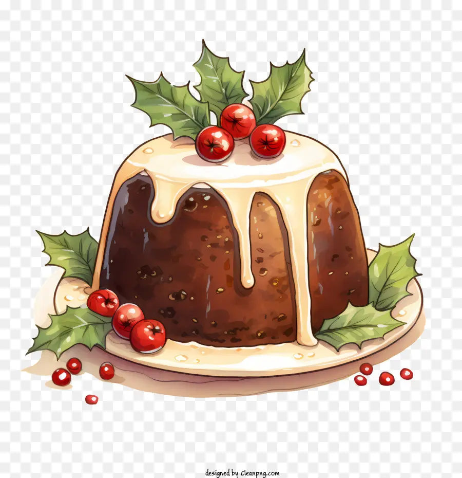 Weihnachtsfruchtkuchen klebrige Toppkirsche auf dem oberen Zweig von Holly Dessert - Schwarz -Weiß -Zeichnung von Weihnachtsfruchtkuchen