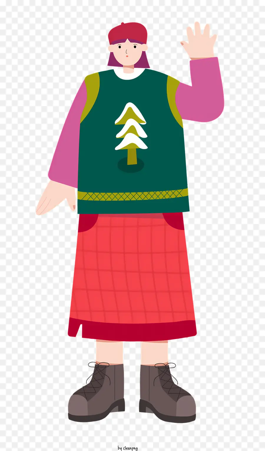 plaid skirt green sweater woman hands on hips red scarf