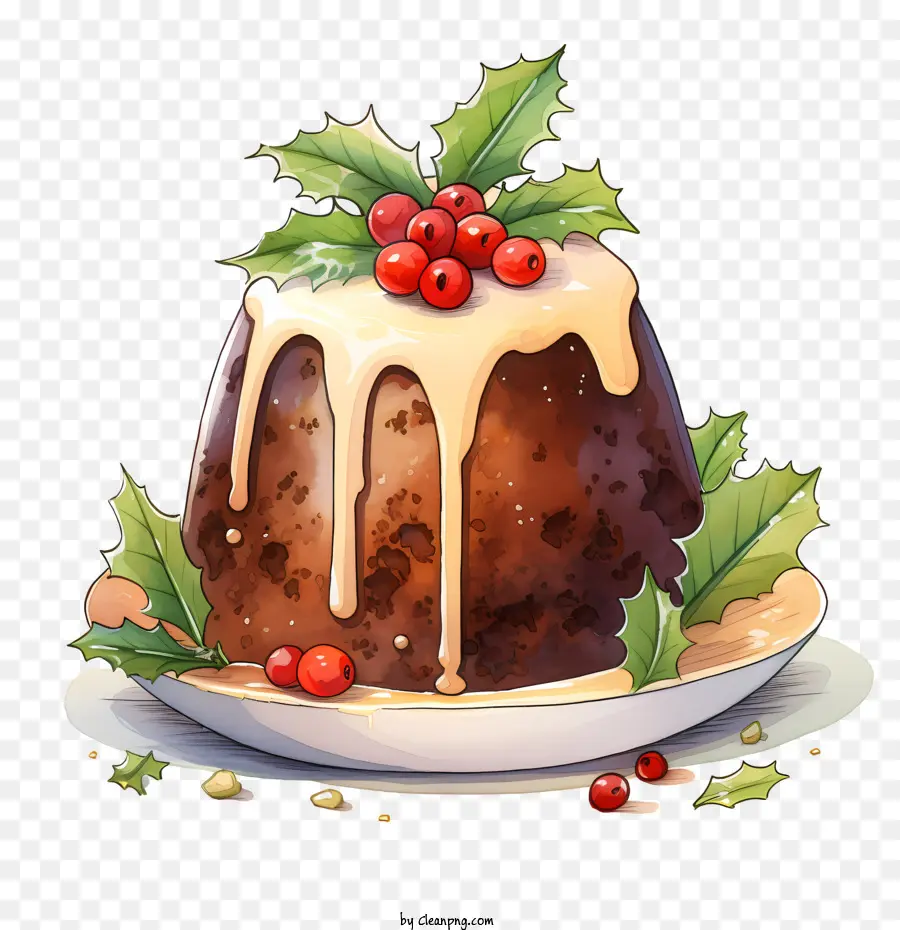 giáng sinh pudding - Bánh pudding Giáng sinh lễ hội với quả mọng đỏ và đóng băng