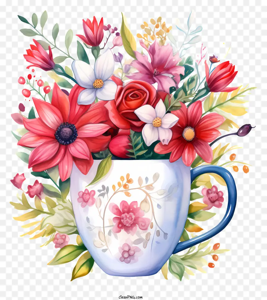 Vase der Blumen Blaue Vase frische Blumen natürliche Arrangement rote Blumen - Blumenvase auf schwarzem Hintergrund, lebendige Farben
