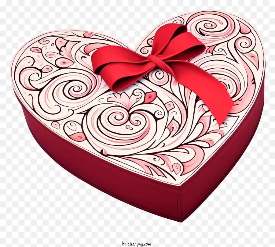 scatola a forma di cuore scatola rossa sfondo nera nastro intricato turbini - Scatola rossa a forma di cuore con nastro e turbini