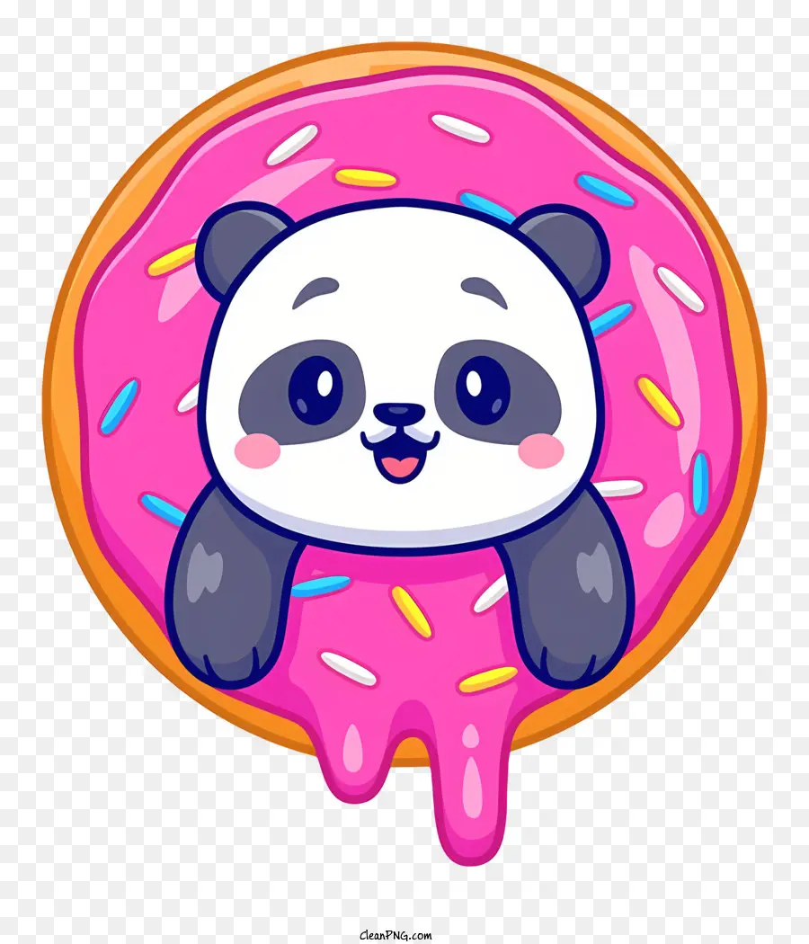 Cartoon Panda Donut con illustrazione di orso panda glassa rosa Sprinkles su ciambella semplice illustrazione dei cartoni animati - Cartoon Panda seduto su ciambella rosa