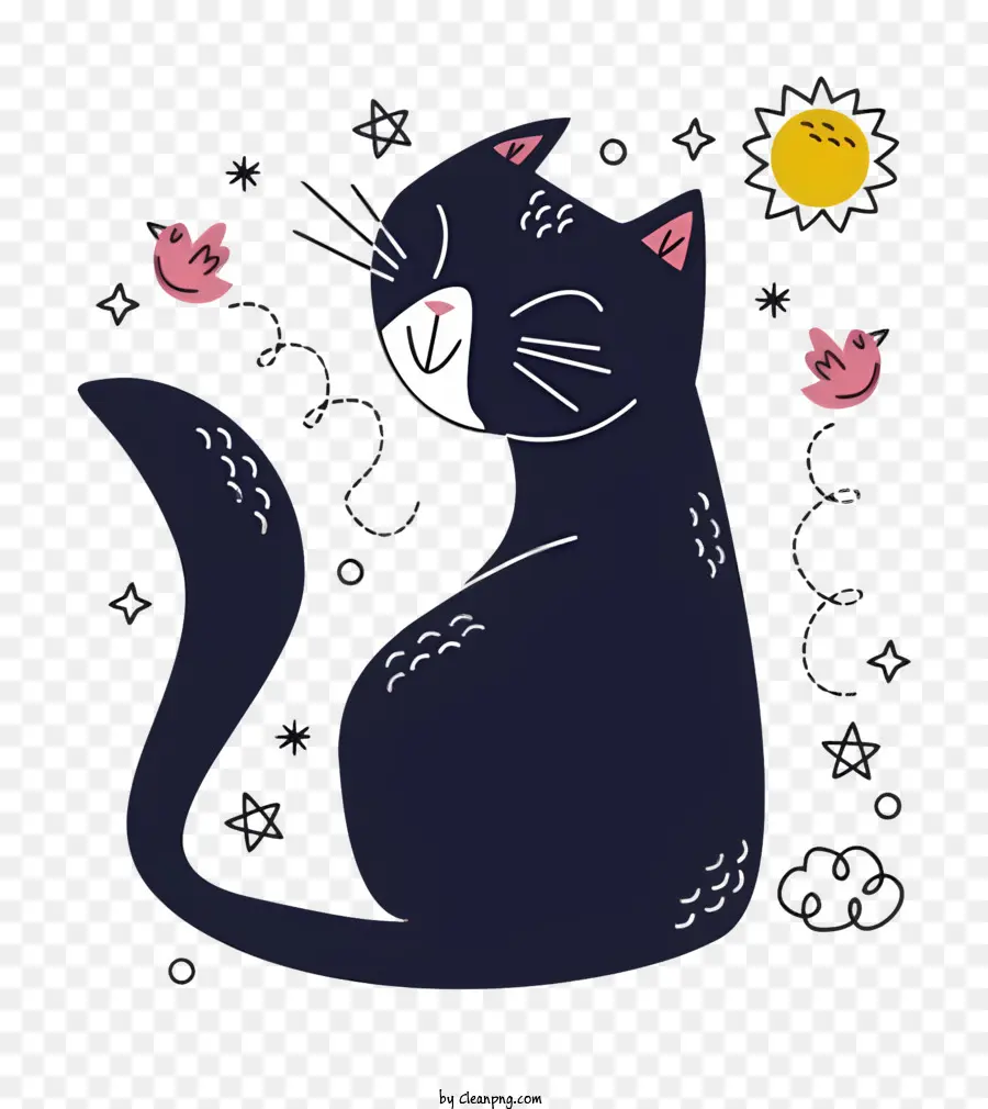 gatto nero carino gatto soffice pelliccia stellata cielo adorabile gatto - Cute Black Cat guarda felicemente le stelle