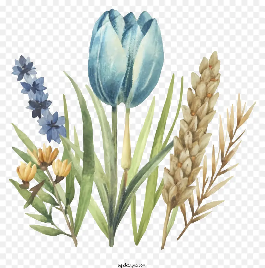 Frühlingsblumen - Vintage Bouquet mit blauen Tulpen, grünen Blättern und goldenem Weizen. 
Perfekt für den Frühling oder Sommer