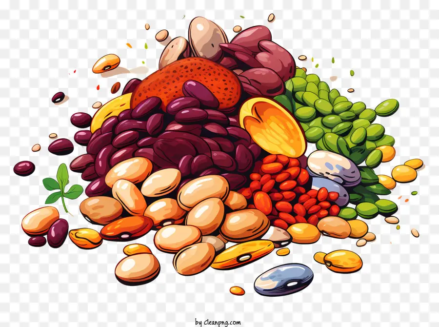 Lebensmittelfotografie Food Styling Lebensmittel Display Food Komposition Gourmet Kochen - Haufen Bohnen und Lebensmittel auf schwarzem Hintergrund
