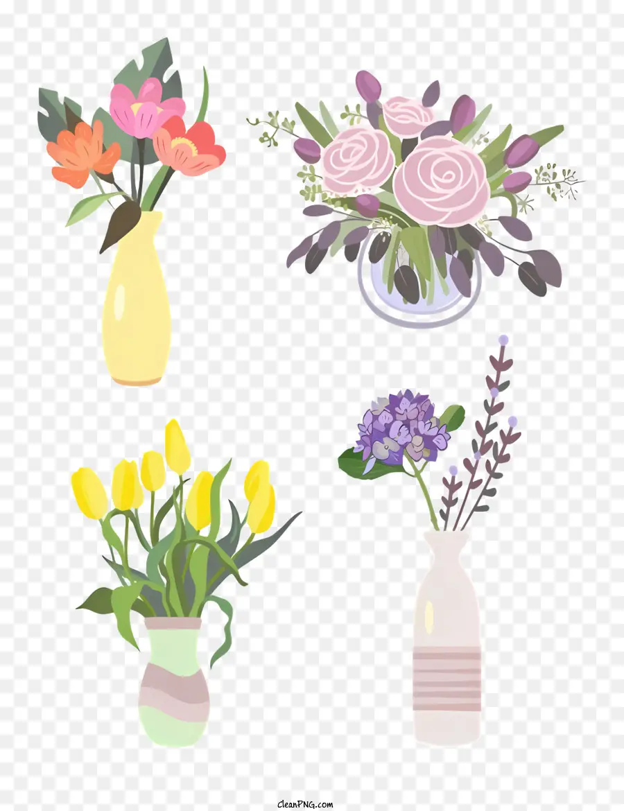 Blumenstrauß - Vielfalt der blütengefüllten Vasen auf dunkler Oberfläche