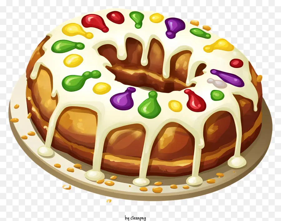 Schokoladenkuchen weiße Zuckerguss farbige Streusel roter Platte Hochauflösung - Lebendiger, detaillierter Schokoladenkuchen mit farbenfrohen Streuseln