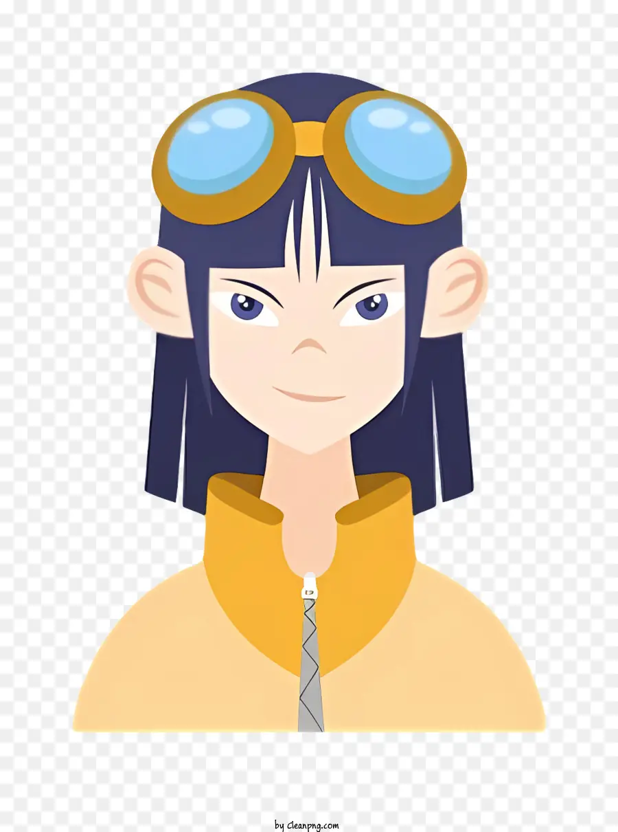 Animierte Avatarfrau mit Schutzbrillenjacke mit avatar schwarzen Haaren blaue Augen - Animierter Avatar einer lächelnden Frau mit Schutzbrille