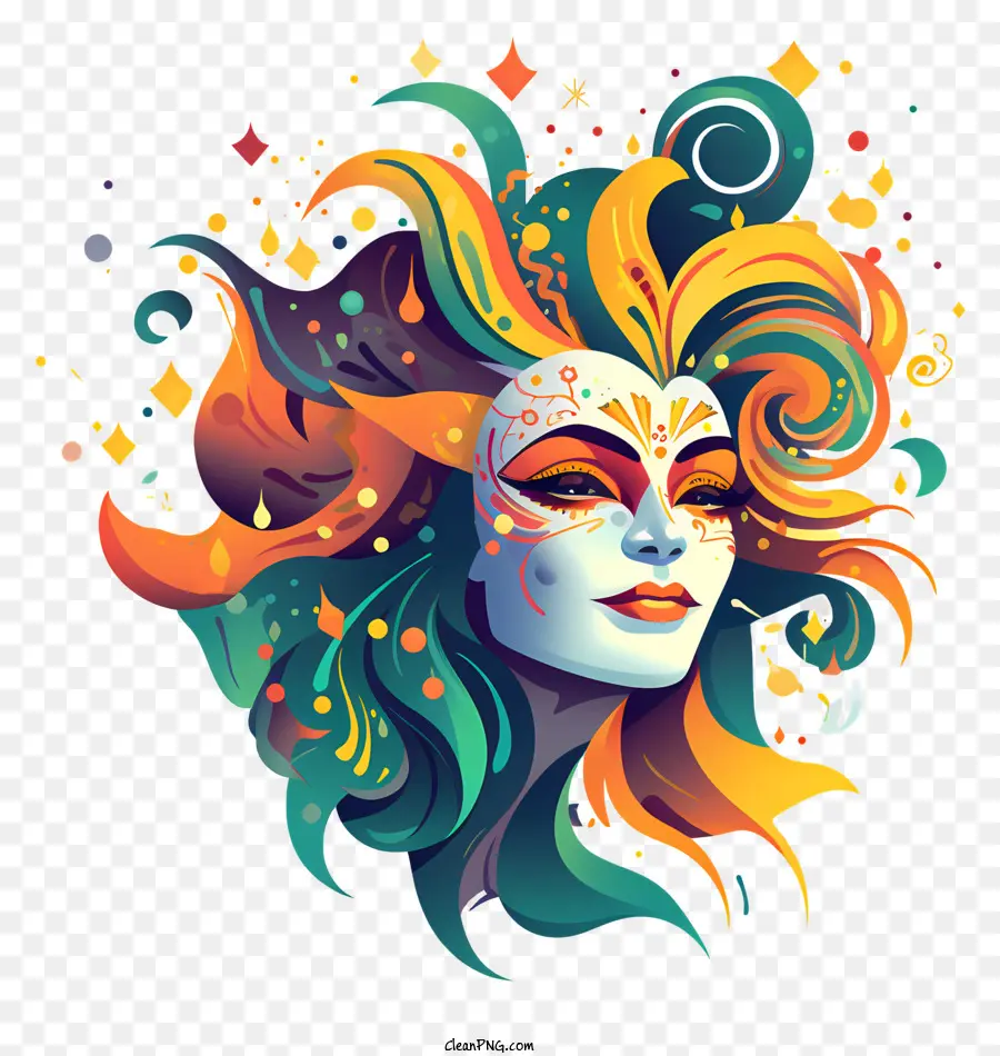 woman with mask colorful hair ornate dress flowing hair colorful makeup