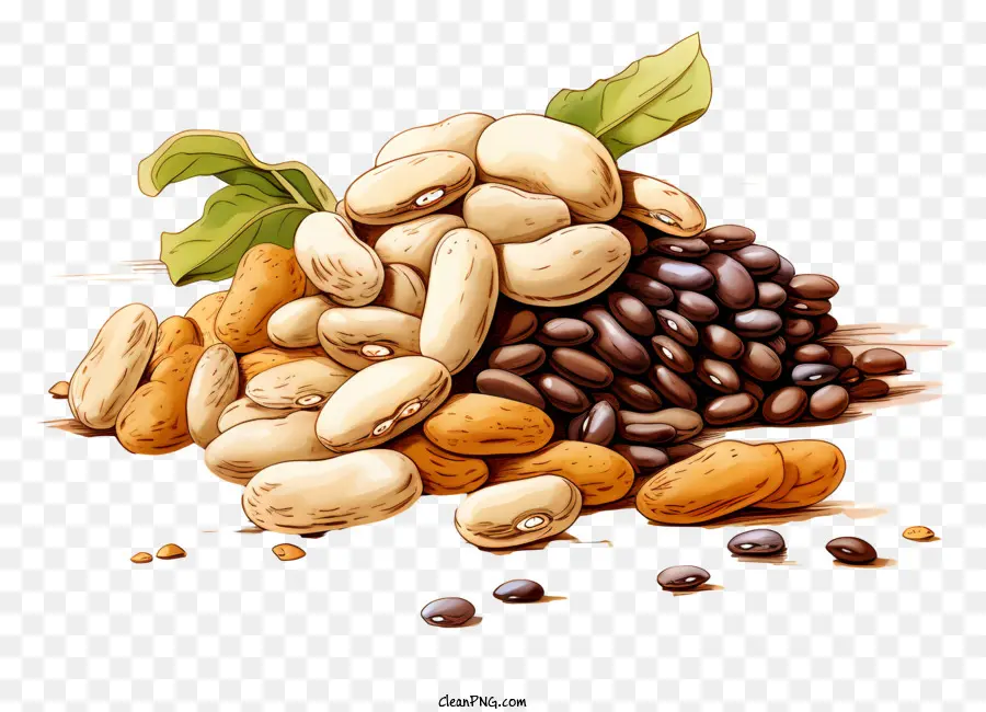 Nüsse schwarze Bohnen Erdnüsse Cashewnüsse Stapel - Schwarz -Weiß -Bild von Nüssen auf schwarzem Hintergrund