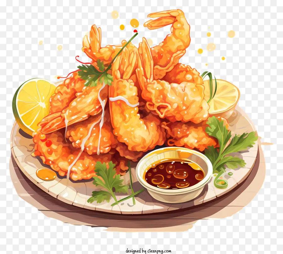 shrimp fried shrimp lemon wedges sauce garlic sauce