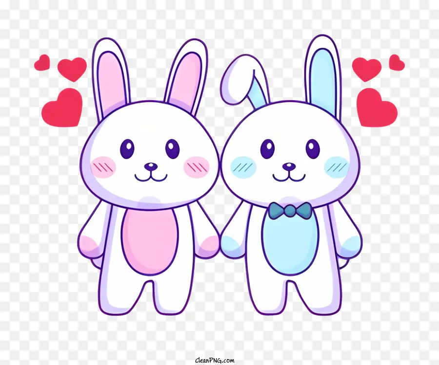 Bunnies Hearts Pink and Blue Matching Outfits Bows - Due coniglietti stanno insieme circondati da cuori