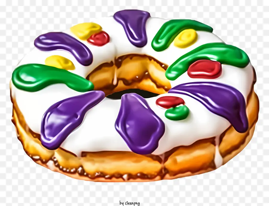 Feiertagsgebäck-Donut-förmige Leckerbissen gefärbte Zuckergussgebäck mit lila Zuckergussgebäck mit grünem Zuckerguss - Festlicher Donut mit lila, grünem und gelbem Zuckerguss