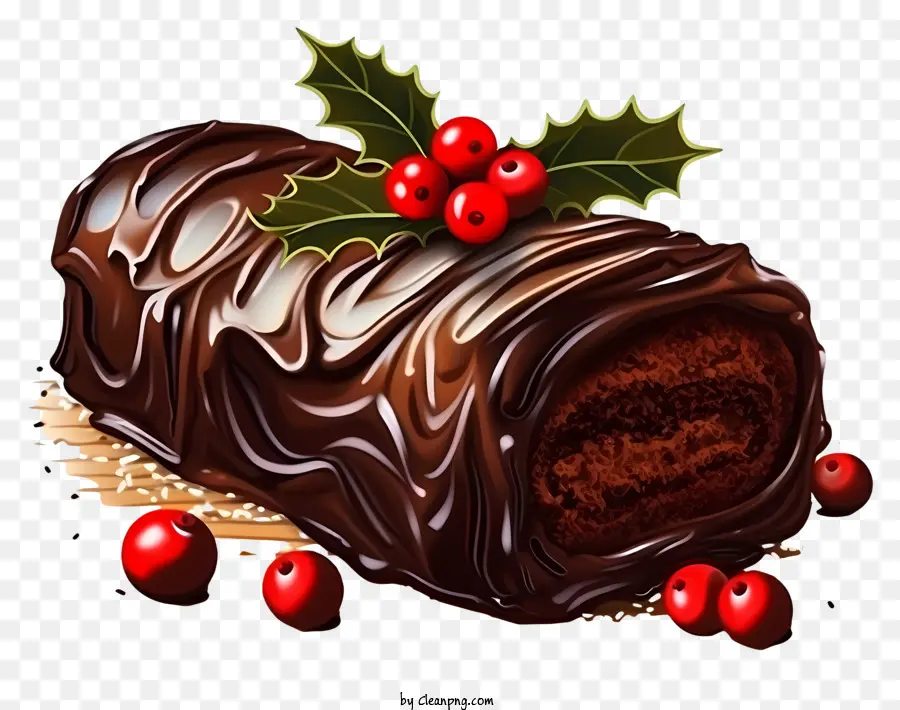 bacche rosse della torta al cioccolato foglie verdi glassa di cioccolato bacche rosse sparse - Torta al cioccolato con bacche e foglie rosse