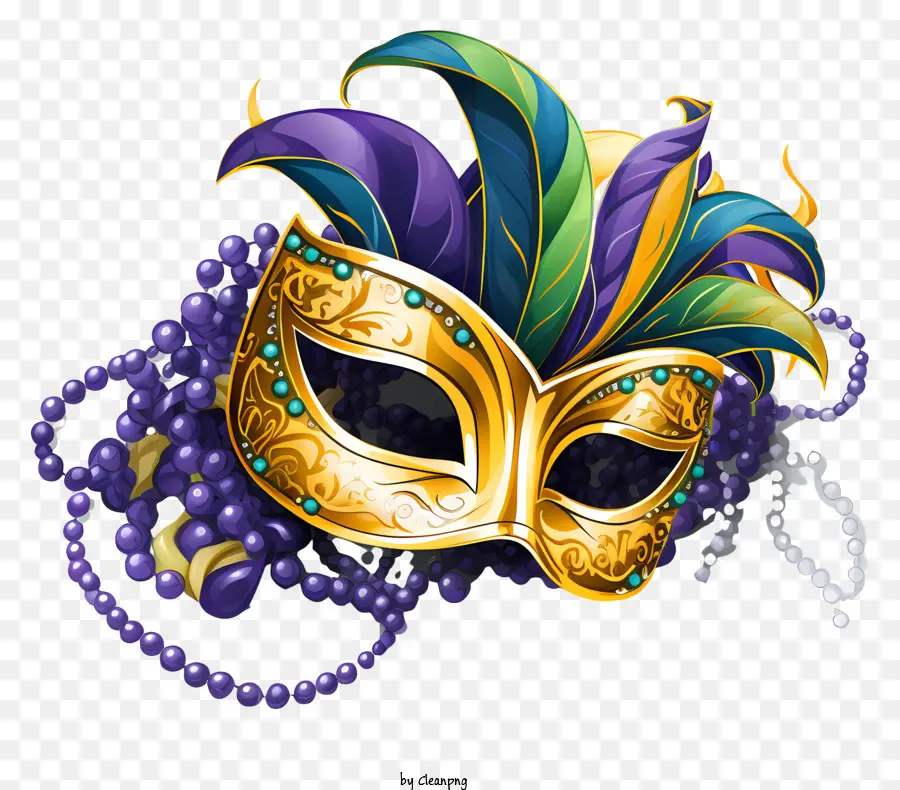 maschera perle di piume d'oro viola - Maschera opulenta, grande con piume viola e oro
