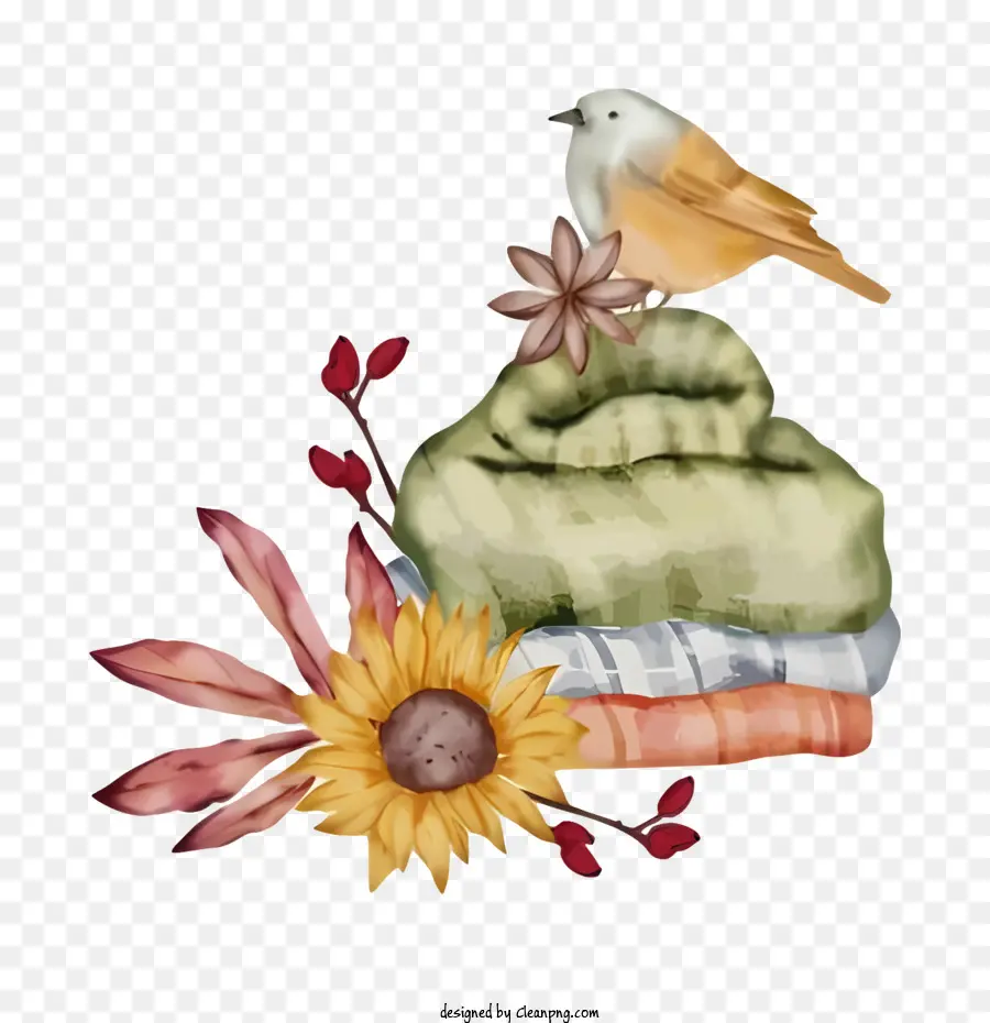 bird perched on towels sunflower in flower pot white feathered bird open beak bird stacked towels