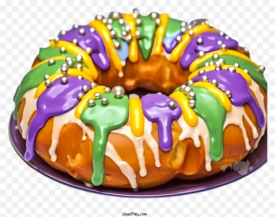 Kuchen farbenfrohe Zuckerguss tropft schwarzer Teller lila - Runder Kuchen mit bunten Zuckerguss und Tropfen