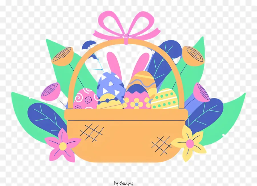 easter basket colorful eggs chicks bunny rabbits flowers