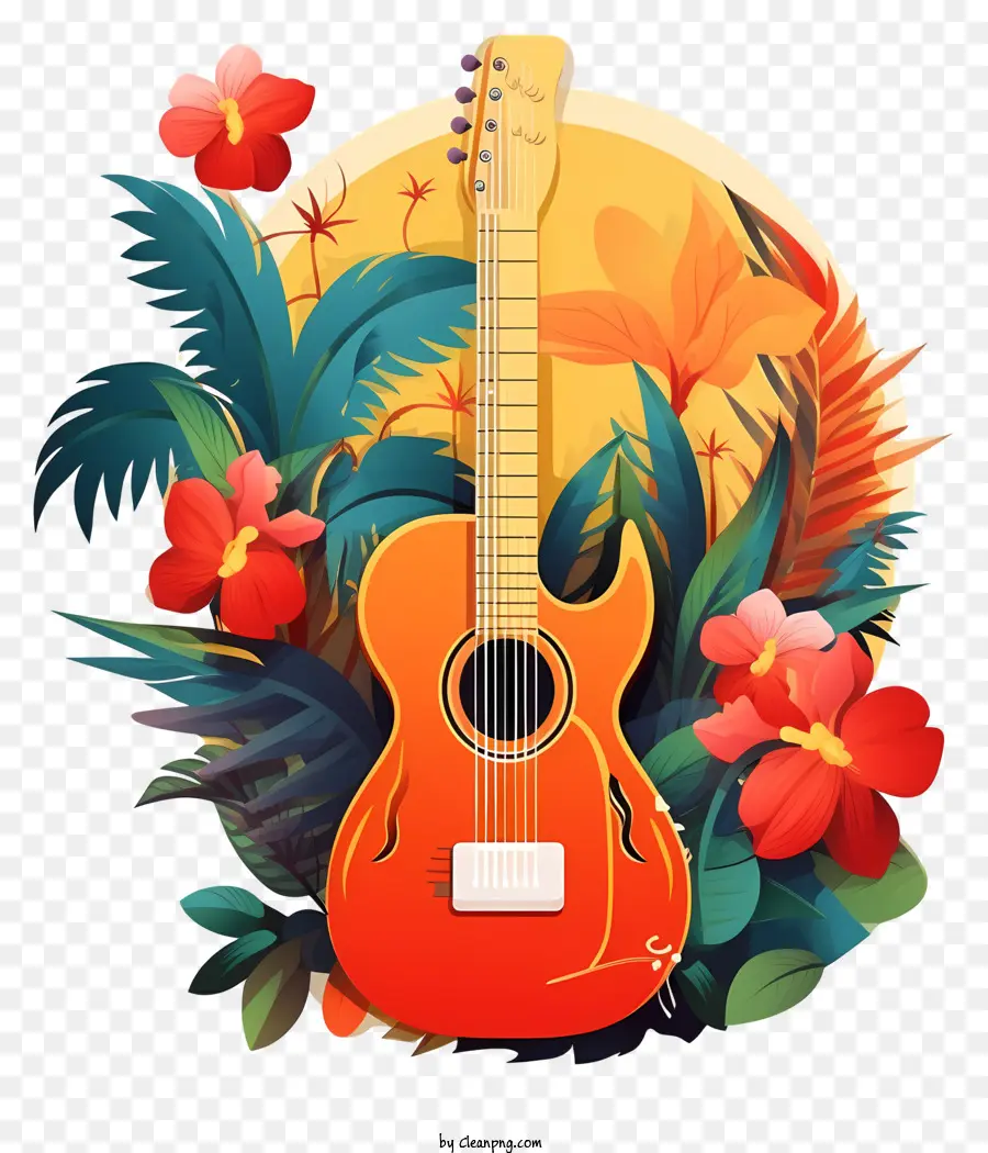 Orange Gitarre Tropical Flowers Laub Sonnenmusikinstrument - Orangengitarre mit tropischen Blumen und Sonne