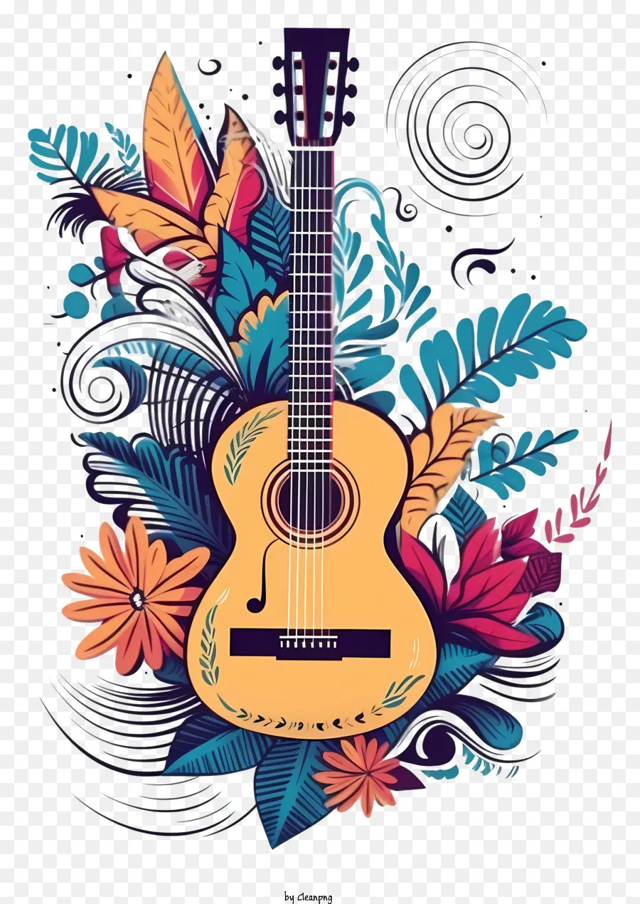 hand gezeichnet - Gitarre mit bunten Blumen und komplizierten Details