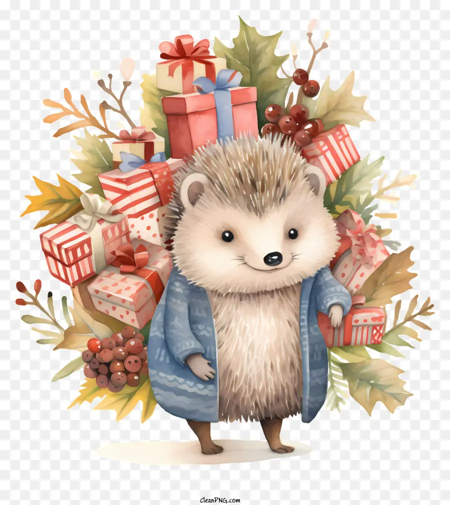hedgehog wearing a red jacket pile of presents wreath in the background green bow on hedgehog's nose happy hedgehog