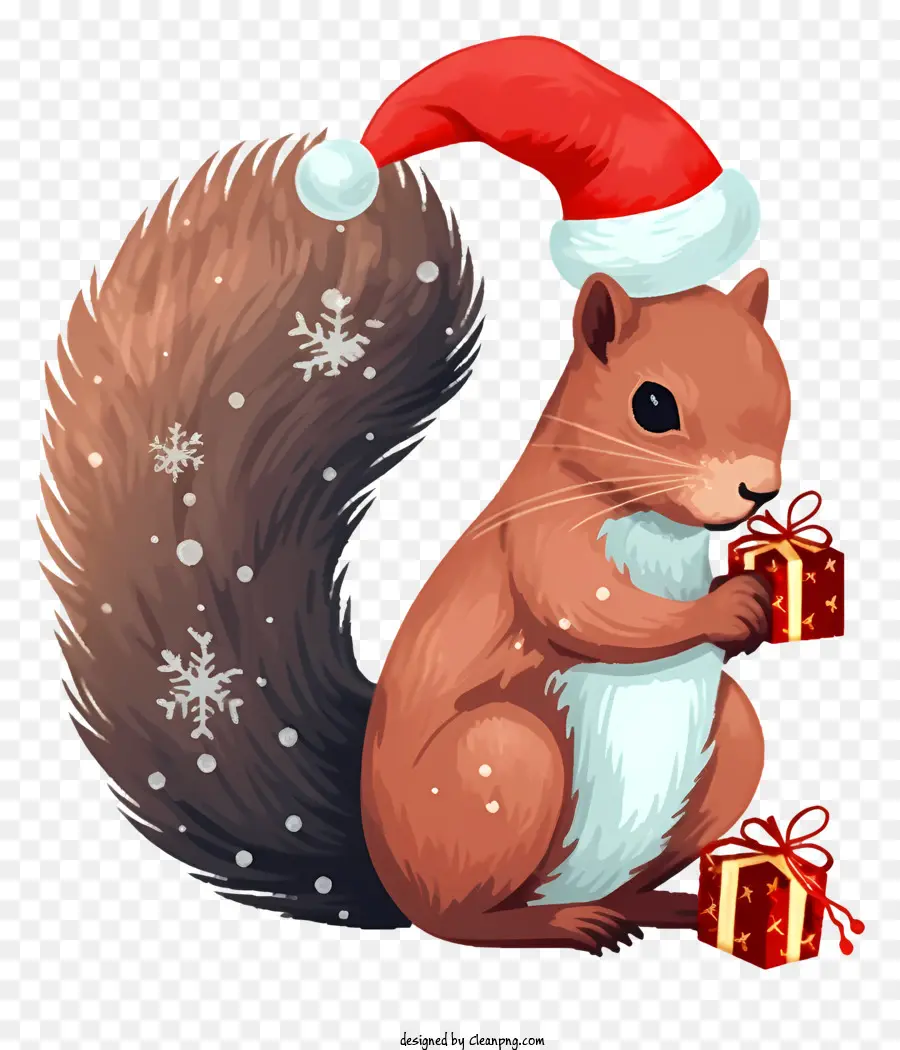 Weihnachtsmann Hut - Neugieriger Eichhörnchen, der Hut trägt und Geschenkbox hält