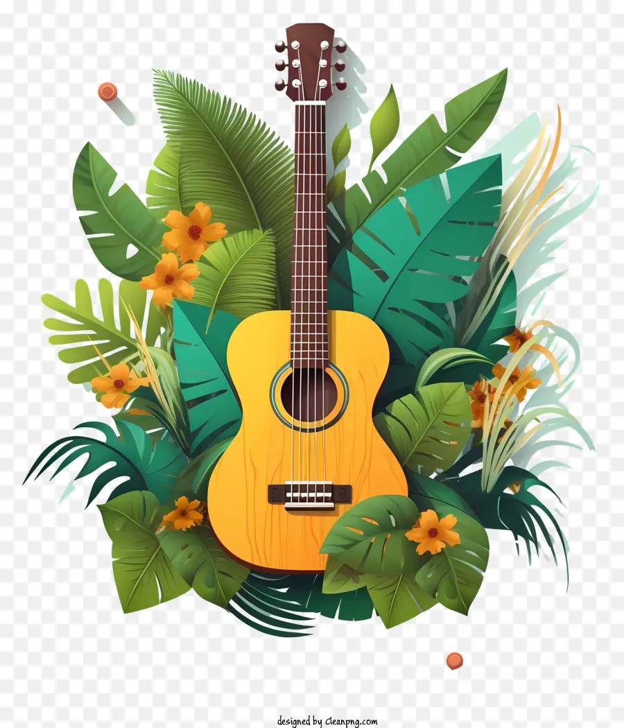Palmblätter - Gitarre umgeben von tropischen Pflanzen auf schwarzem Hintergrund