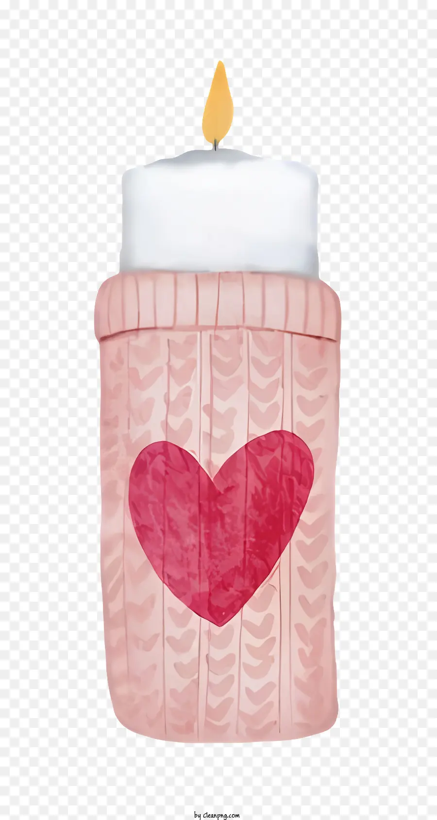 Herzförmige Kerzenrosa Kerzenkerze mit Docht Holzoberfläche Strickmuster - Beleuchtete rosa Herzkerze auf gestrickter Oberfläche
