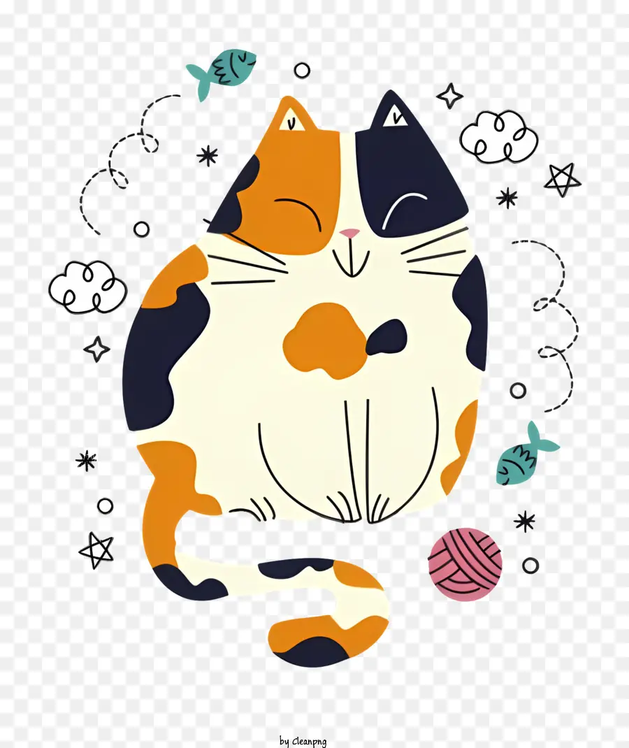 Cat Minh họa Haunched Cat Đóng Eyes Cat Curled Tail Cat Collar với chuông - Minh họa mèo với đôi mắt nhắm, cổ áo, bản vá, thư giãn