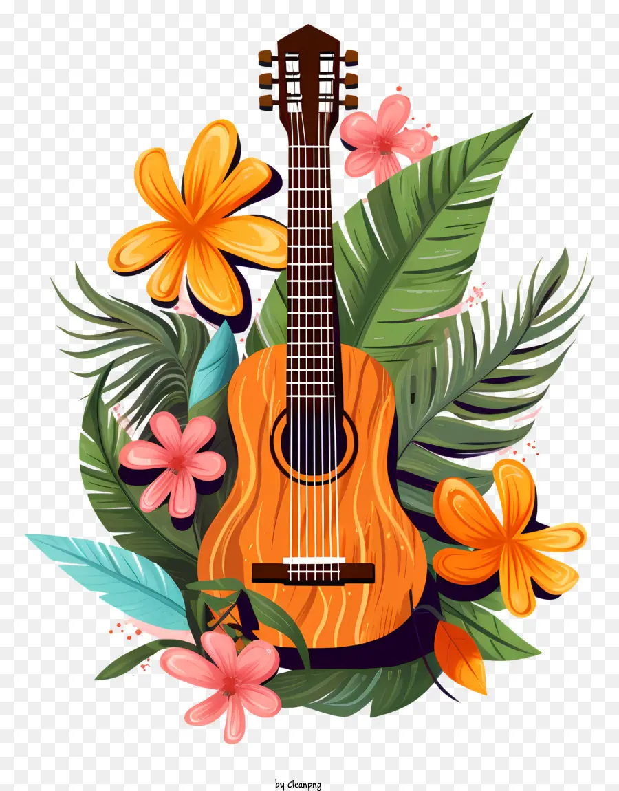 Fiori di chitarra in legno foglie Design di chitarra Posa e Giallo fiori - Chitarra in legno con fiori, immagine vettoriale per uso commerciale