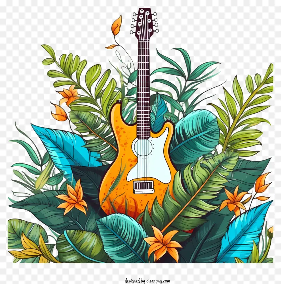 Gitarre Illustration Schwarz -Weiß -Illustration gelber Körper Gitarre weiße Nackenblätter und Blumen Bett - Schwarz -weiße Gitarre auf Blumenbett