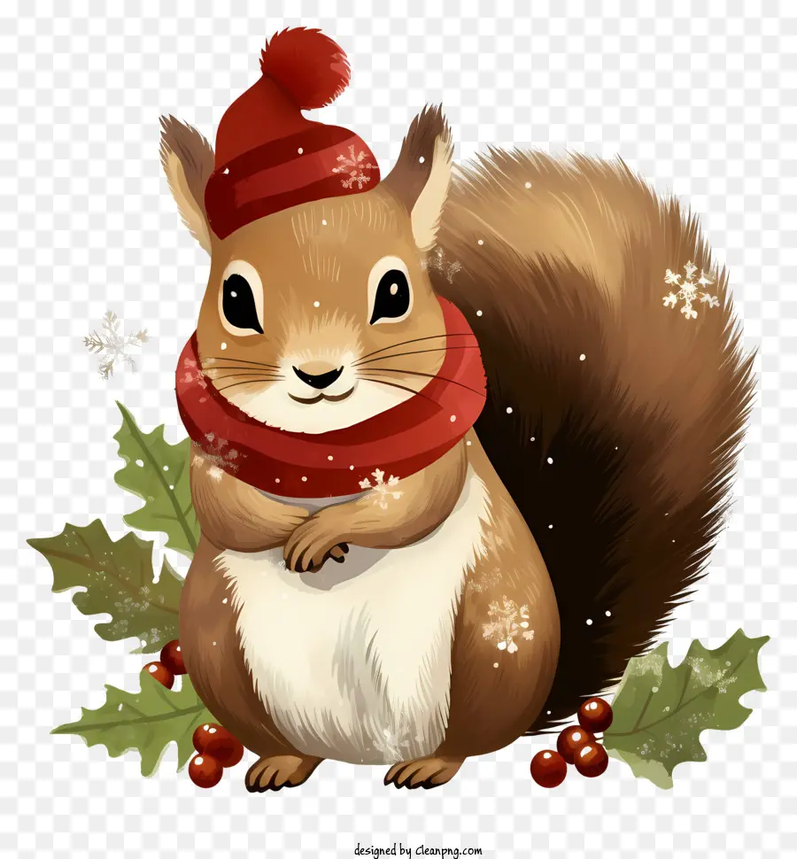 squirrel red hat holly berries green scarf branch