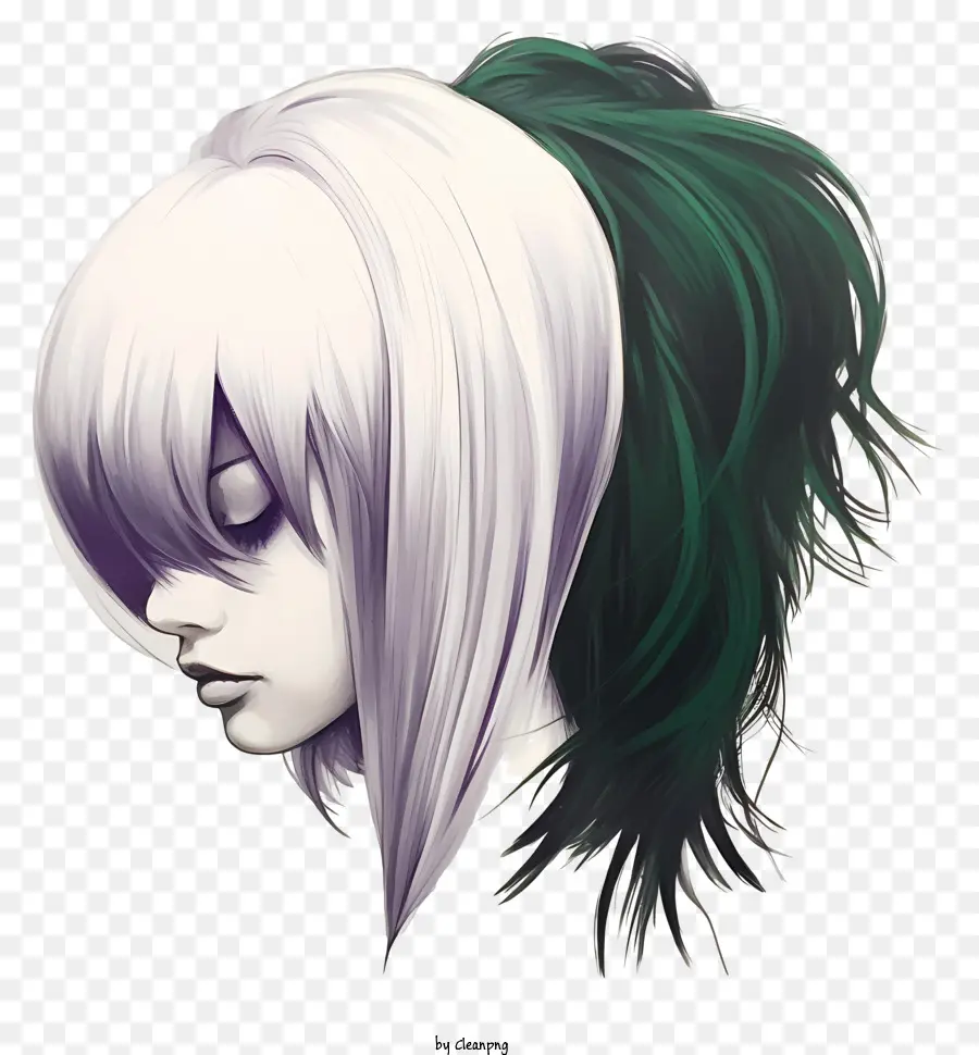 Frau mit langen Haaren weiße Haare grüne Augen dunkle Augenbrauen Pferdeschwanzfrisur Frisur - Elegante Frau mit langen weißen Haaren und grünen Augen