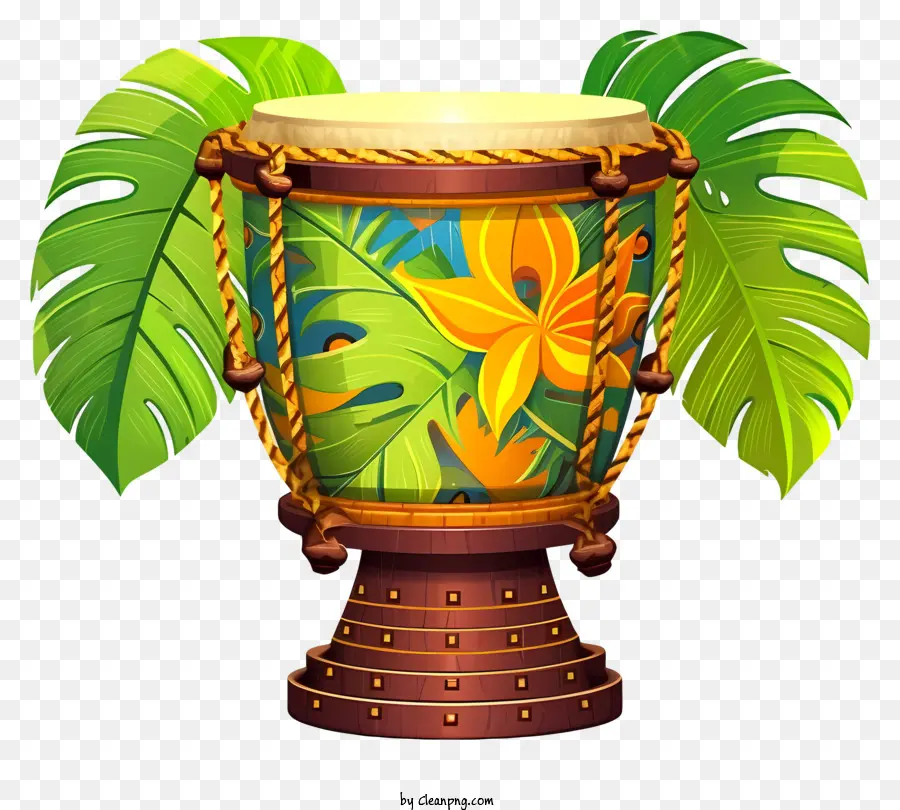 wooden drum green leaves yellow leaves drum with leaves drum with hole