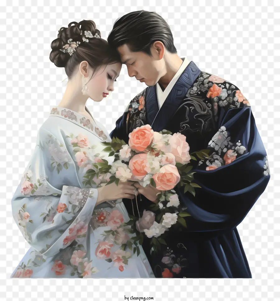 Trang phục truyền thống Trung Quốc Quần áo Trung Quốc truyền thống Thời trang Trung Quốc Trung Quốc cặp đôi truyền thống Trung Quốc - Cặp đôi hạnh phúc trong trang phục truyền thống của Trung Quốc với hoa hồng