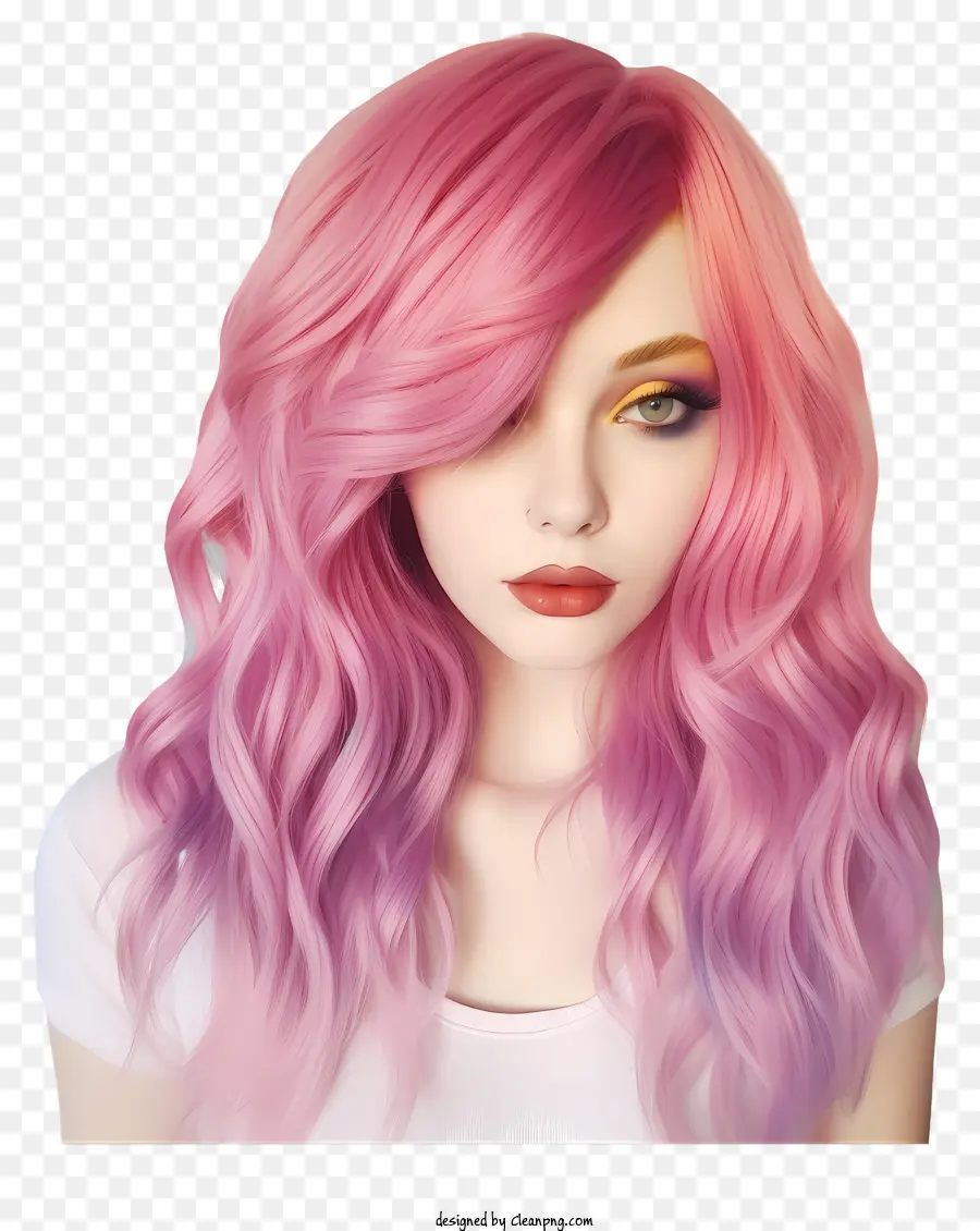 vibrant makeup pink hair curly hair bangs hairstyle red lipstick