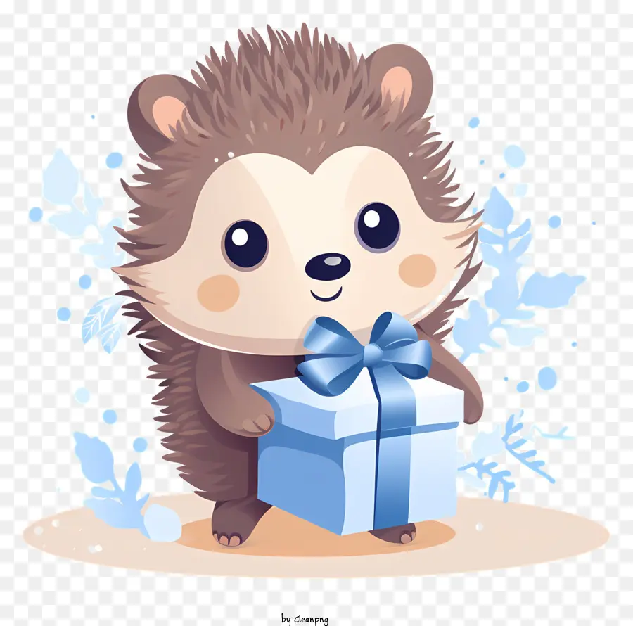 Geschenkbox - Happy Hedgehog Holding Gift Box, umgeben von Schneeflocken