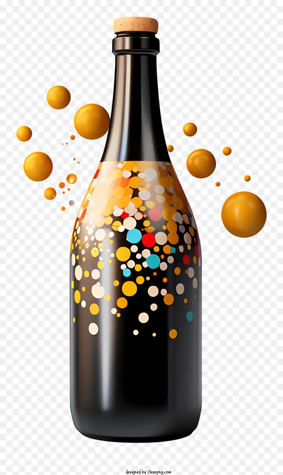Schwarze Flasche weiße Etikett mehrfarbige Blasen transparente flüssige farbenfrohe Blasen - Hochauflösend detailliertes Bild einer farbenfrohen, blasengefüllten Flasche