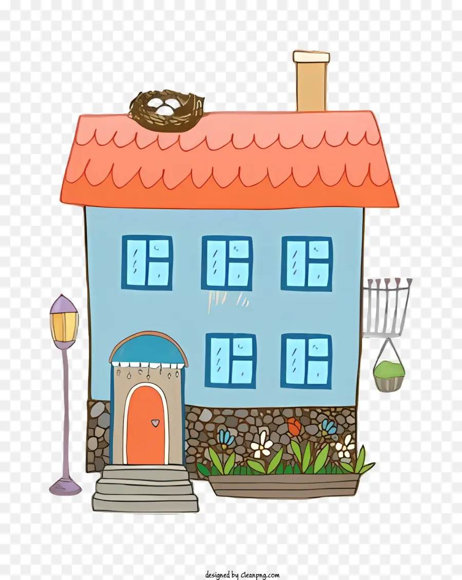 Schlüsselwörter blaues Haus rotes Dach weiße Tür Holz Veranda - Blaues Haus mit rotem Dach, umgeben von Pflanzen umgeben