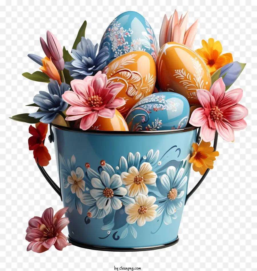 easter eggs flowers floral decorations large blue bucket colorful