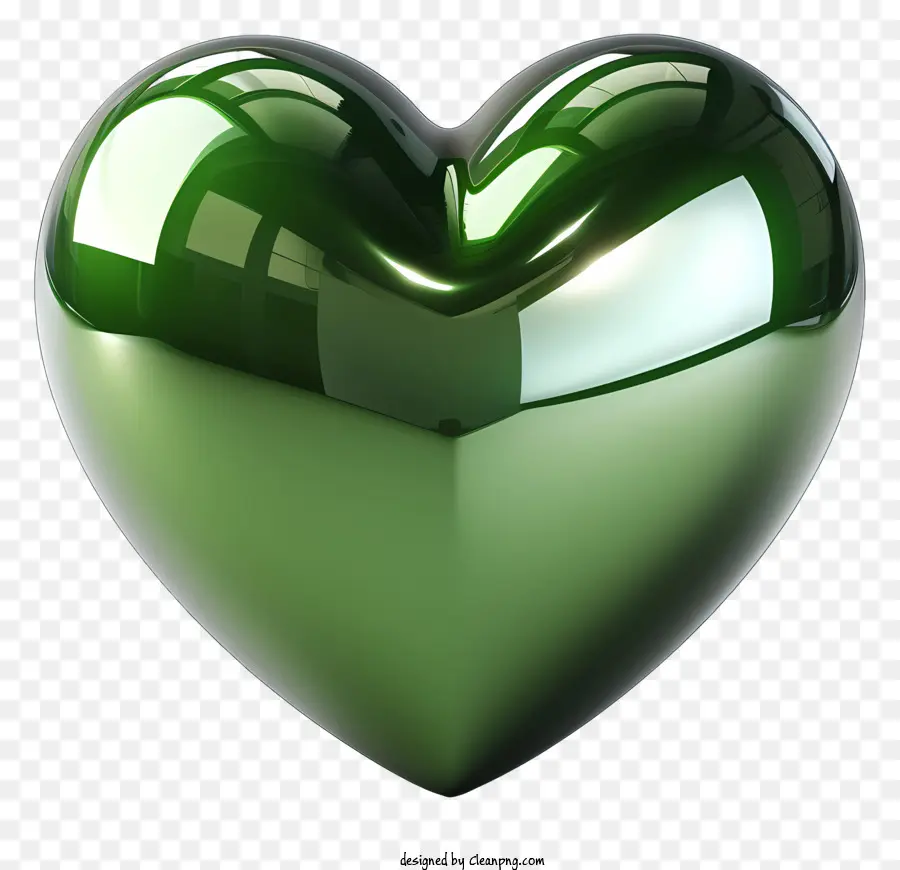 Oggetto a forma di cuore lucido in metallo verde sfondo nero sfondo di superficie riflettente l'aspetto illusorio - Cuore di metallo verde lucido con superficie riflettente