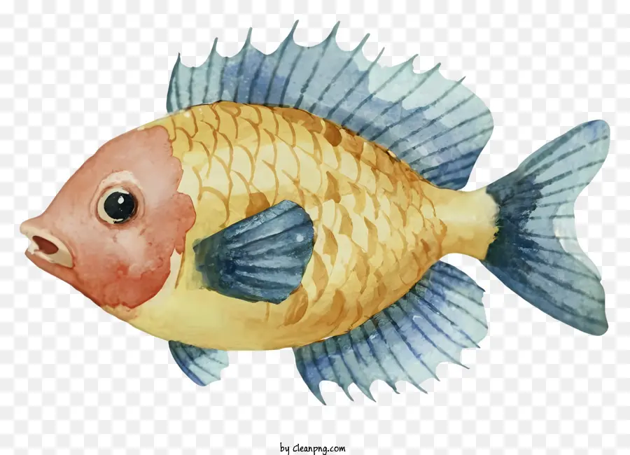 Minh họa màu nước màu vàng và xanh lớn mắt tròn Miệng nhỏ với răng lớn màu vàng và vây xanh - Cá màu vàng và màu xanh màu nước với các tính năng độc đáo