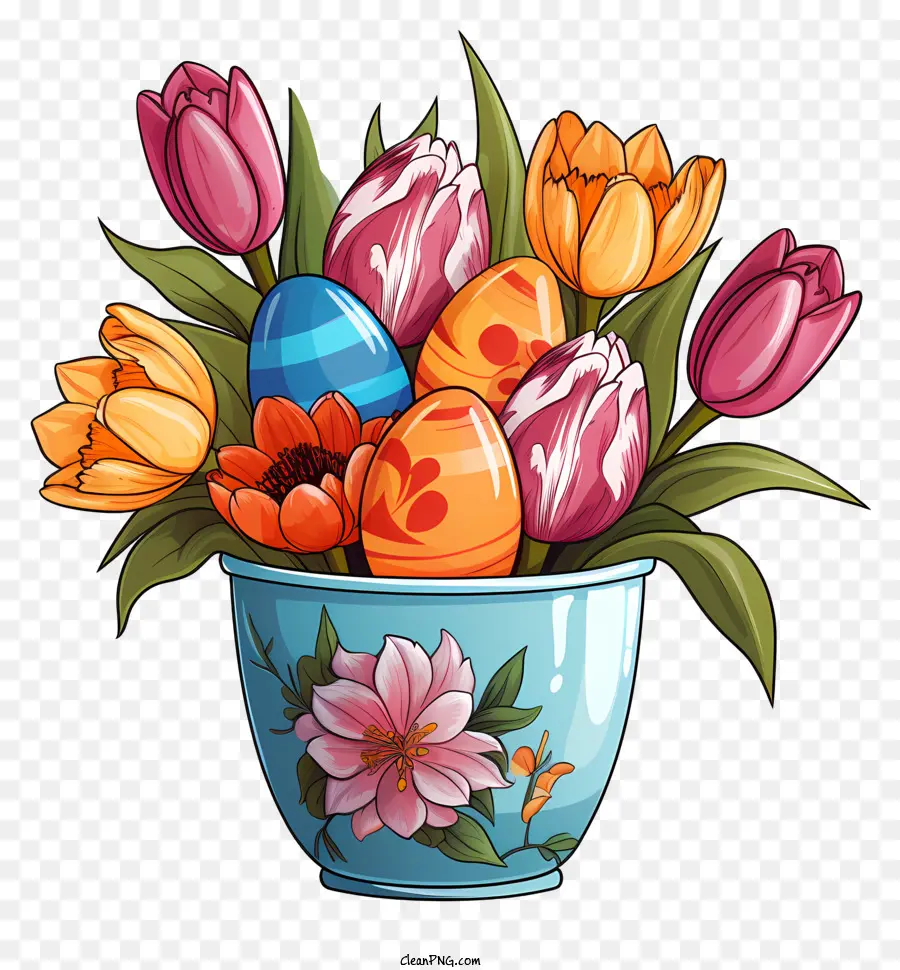 Vase Blumen Tulpen Hyazinthen Narzissen - Bunte Blumen in einer blauen Vase angeordnet