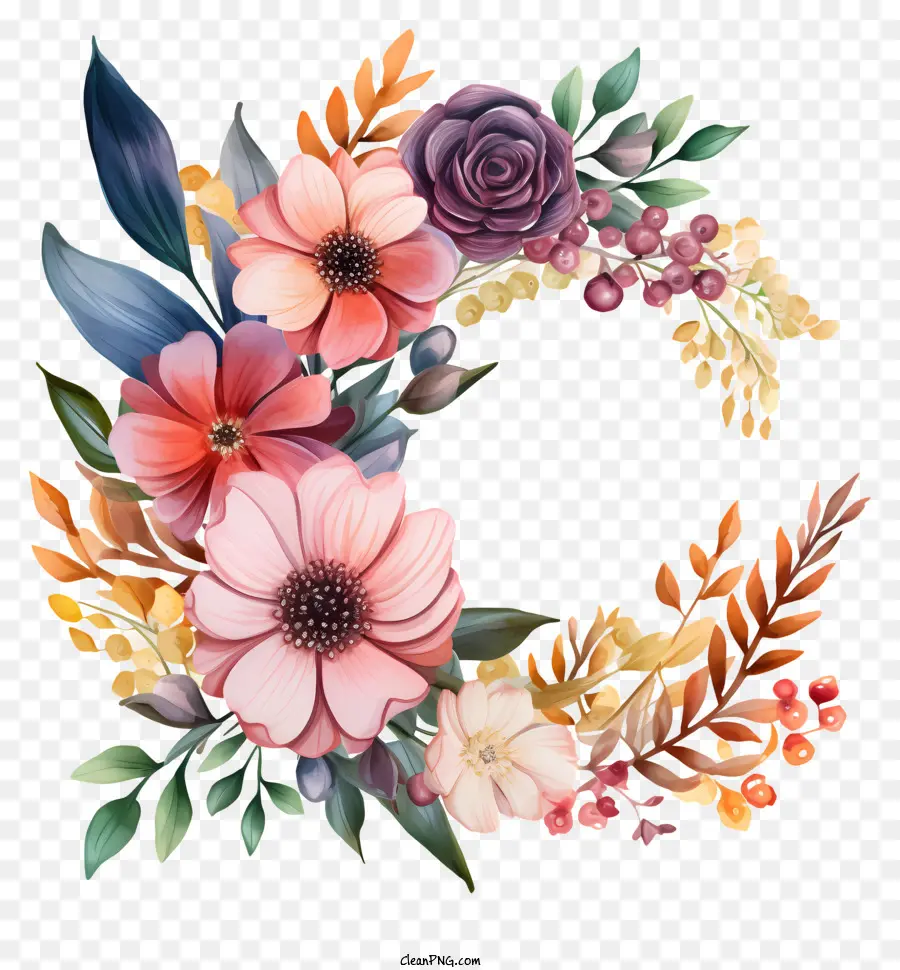 florales Design - Aquarellblumenanordnung, lebendige Farben auf schwarzem Hintergrund
