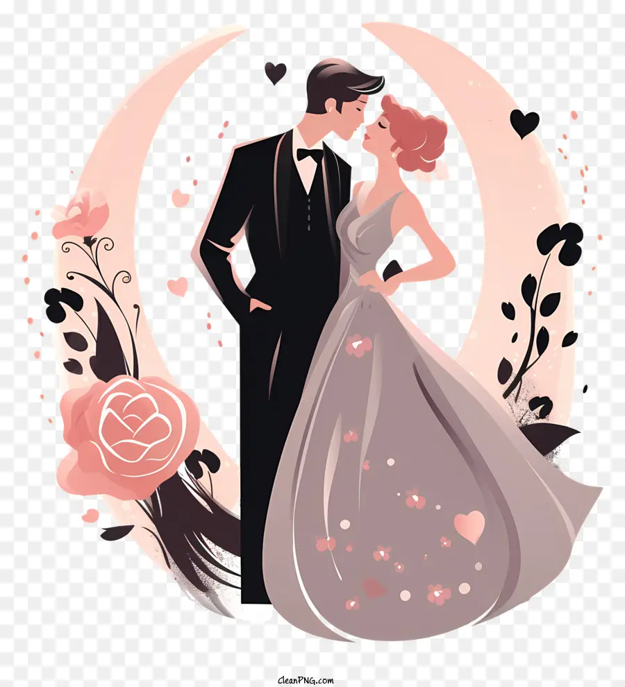 Braut und Bräutigam - Hochzeitspaar unter Mond mit blumiger Kulisse