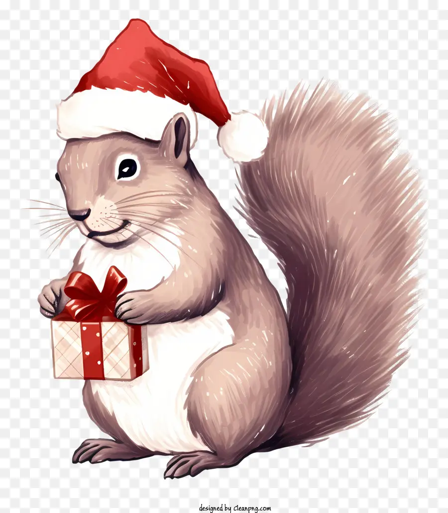 cartoon squirrel red santa hat gift box with bow squirrel holding gift smiling squirrel