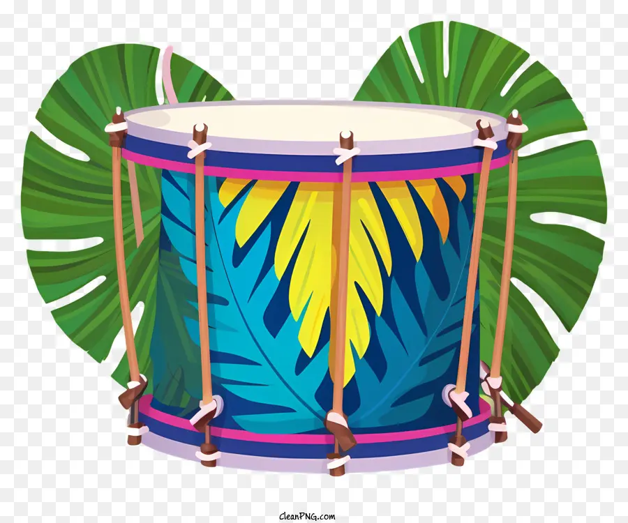 Trommel Tropischer Palmblattmuster gebogener Drum Körper bunte Streifen Drumstick - Foto von tropischem palmenblatt gemusterten Trommel