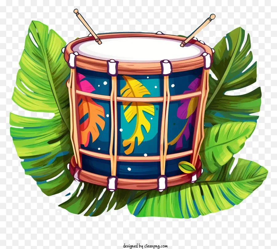 Design del tamburo floreale foglie e viti a tamburo di tamburo dai colori vivaci con motivo lussureggiante floreale - Illustrazione del tamburo floreale su sfondo nero